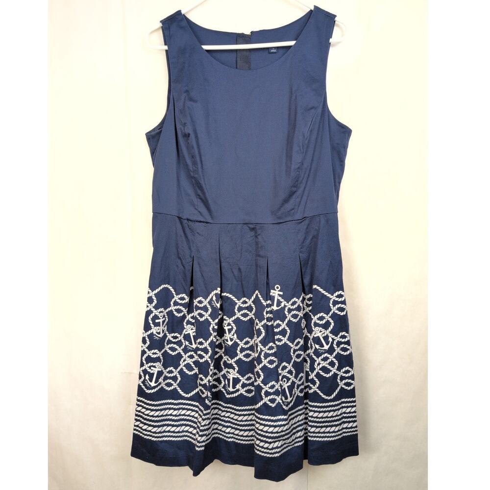 Tommy Hilfiger nautical anchor cotton pleated navy blue dress Size 14 Coastal